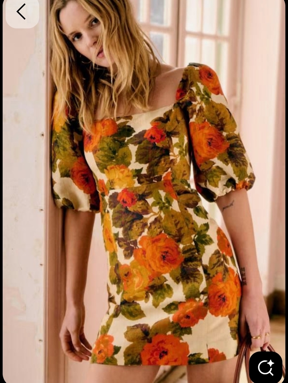 Sezane Floral Mini Dress in Cream, Orange, Green